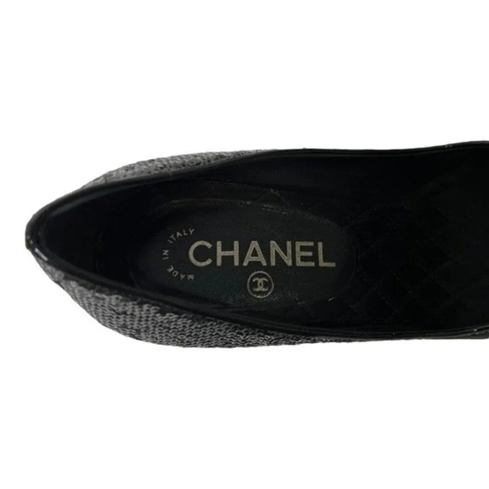Chanel Pumps Women Black Sequin Round Toe CC Logo Stiletto Heels Made in‎ Italy